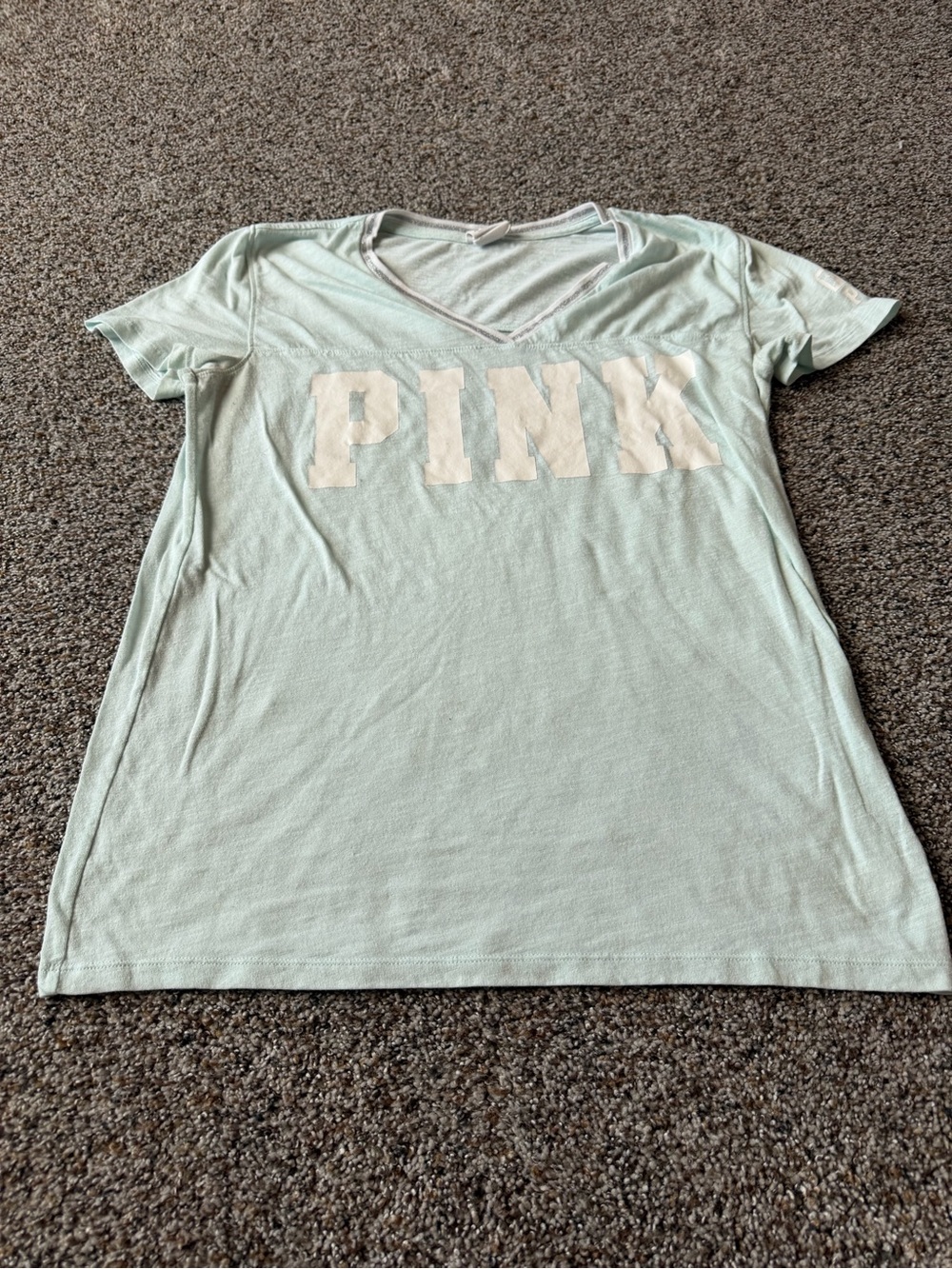 Victoria's Secret PINK Mint Green Varsity Logo V Neck Tee Shirt Small Y2K